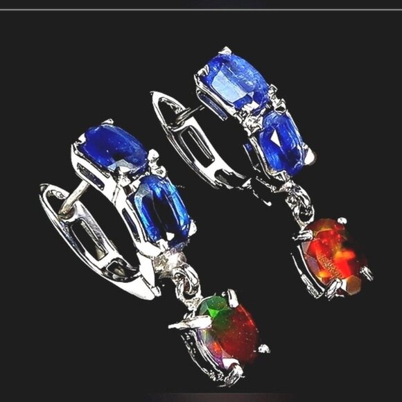 925 Silver Earrings with Black Opal 7x5mm & Kyanite Gems - Picture 3 of 3